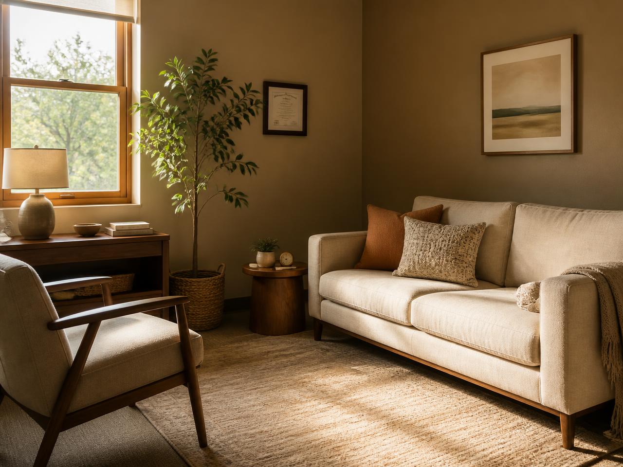 A quiet therapy office with a linen sofa and warm afternoon light