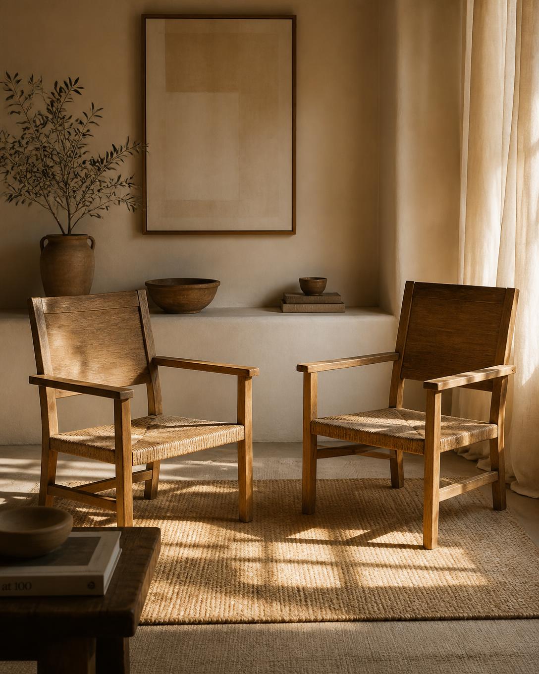 Two wooden chairs angled toward each other in a sunlit therapy room